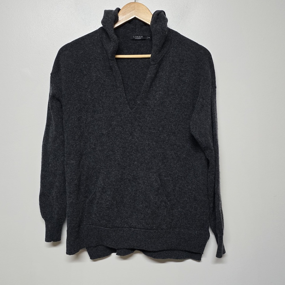 Lusso Cashmere Sweater Womens Med Gray 100% Cashmere Hooded V Neck‎ Pullover